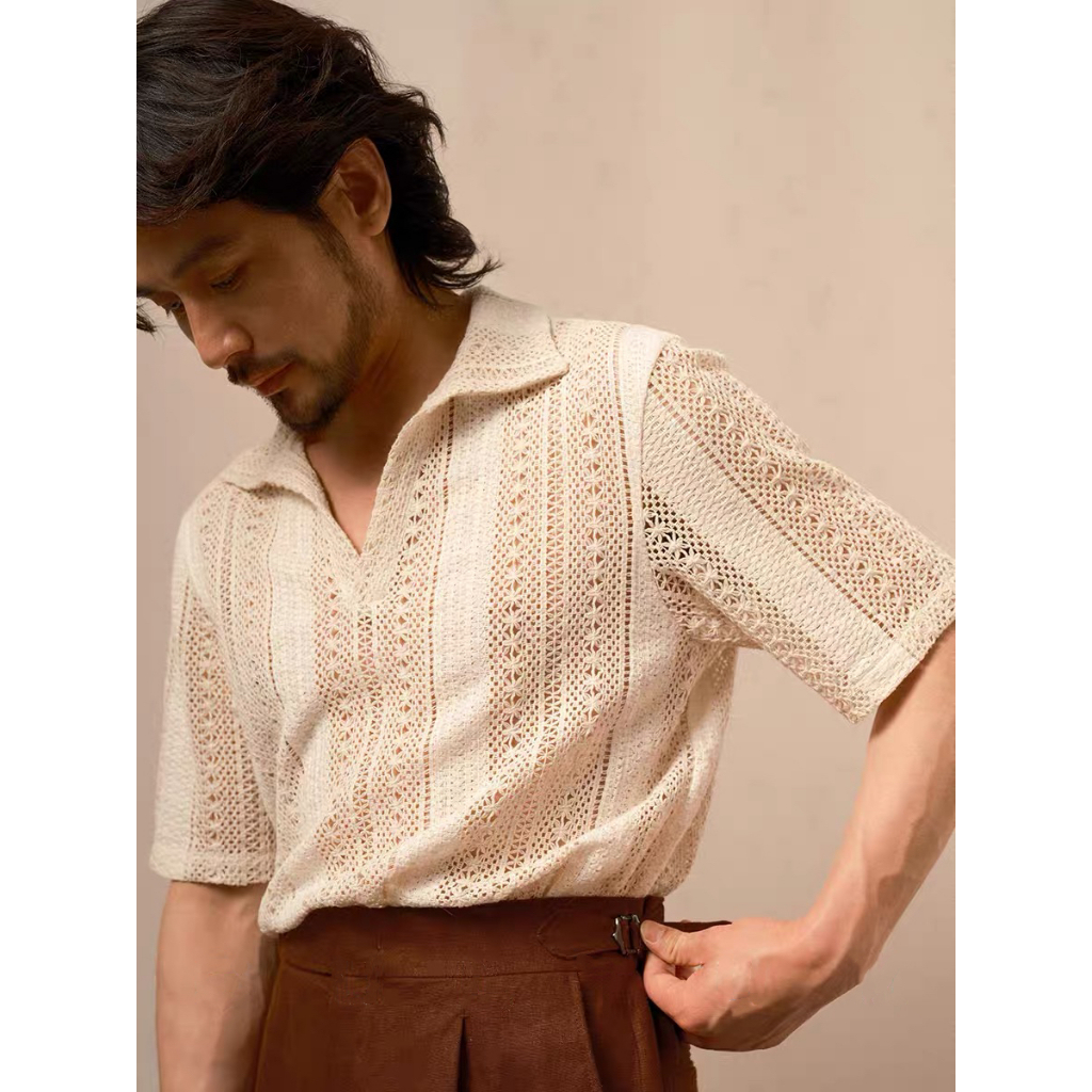 HUILISHI Premium Quality Lace Polo for Men See Through Short Sleeve Cotton  Yarn Fabric Loose Style