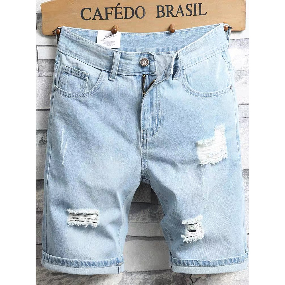 9901# Light Blue Men's Maong shorts Denim short TATTERED blue high ...