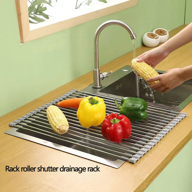 Kitchen Roller Drainage Rack Stainless Steel Drainage Curtain Sink Folding Sink Dish Storage 9974