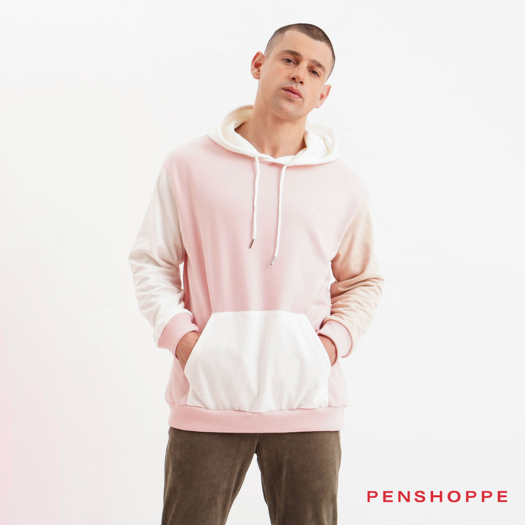 Penshoppe Relaxed Fit Color Blocked Hoodie For Men (Blush) | Shopee ...