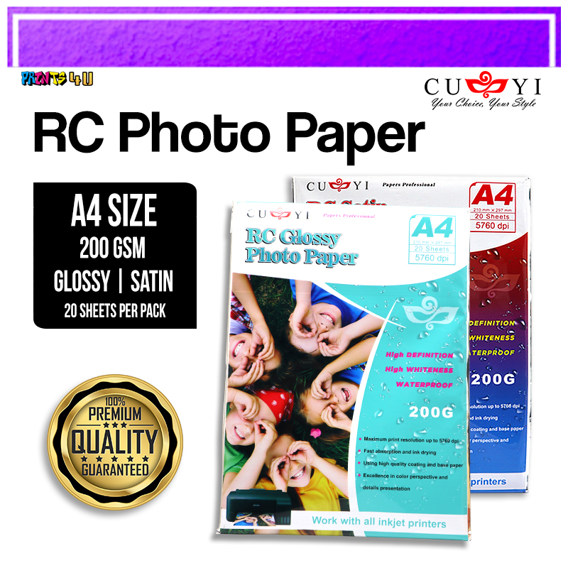 A4 200GSM Resin Coated No Back Print Photo Paper RC Satin / RC Glossy