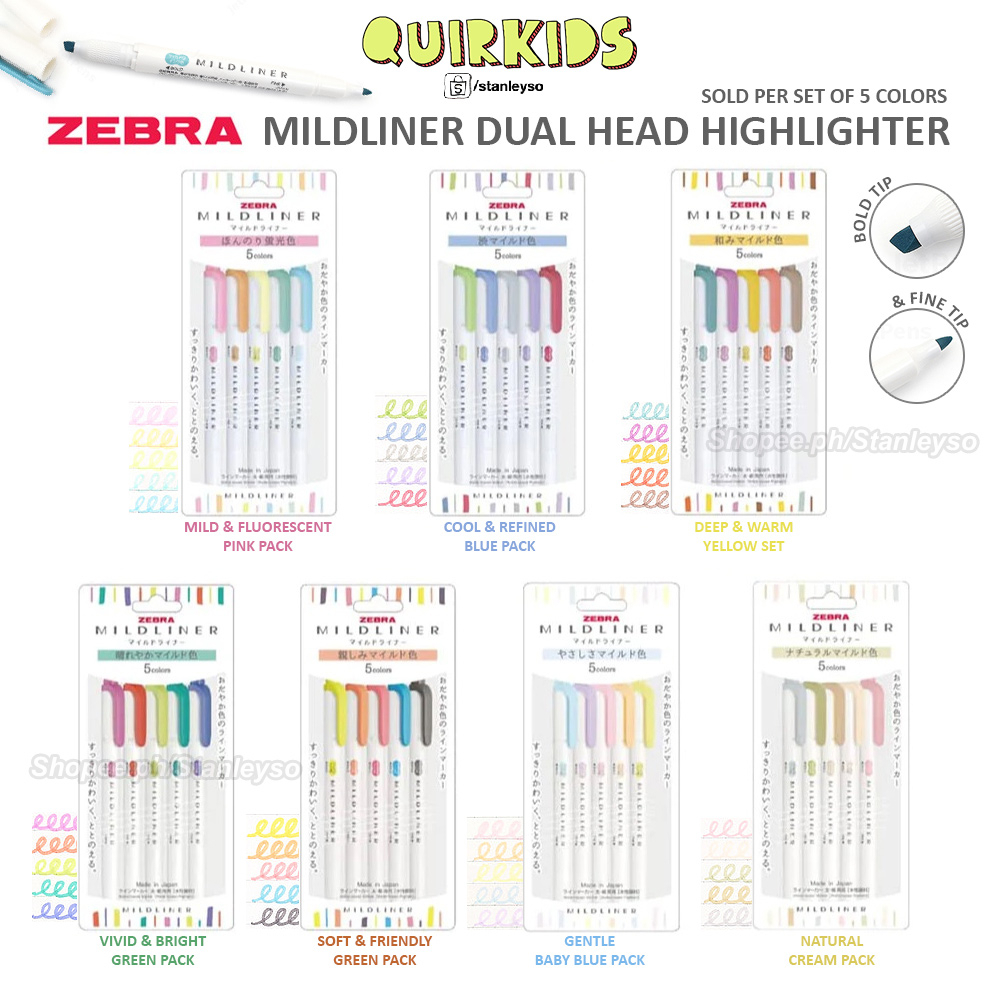 Zebra Mildliner Highlighters 5 Colors Set Dual Tip Double Head