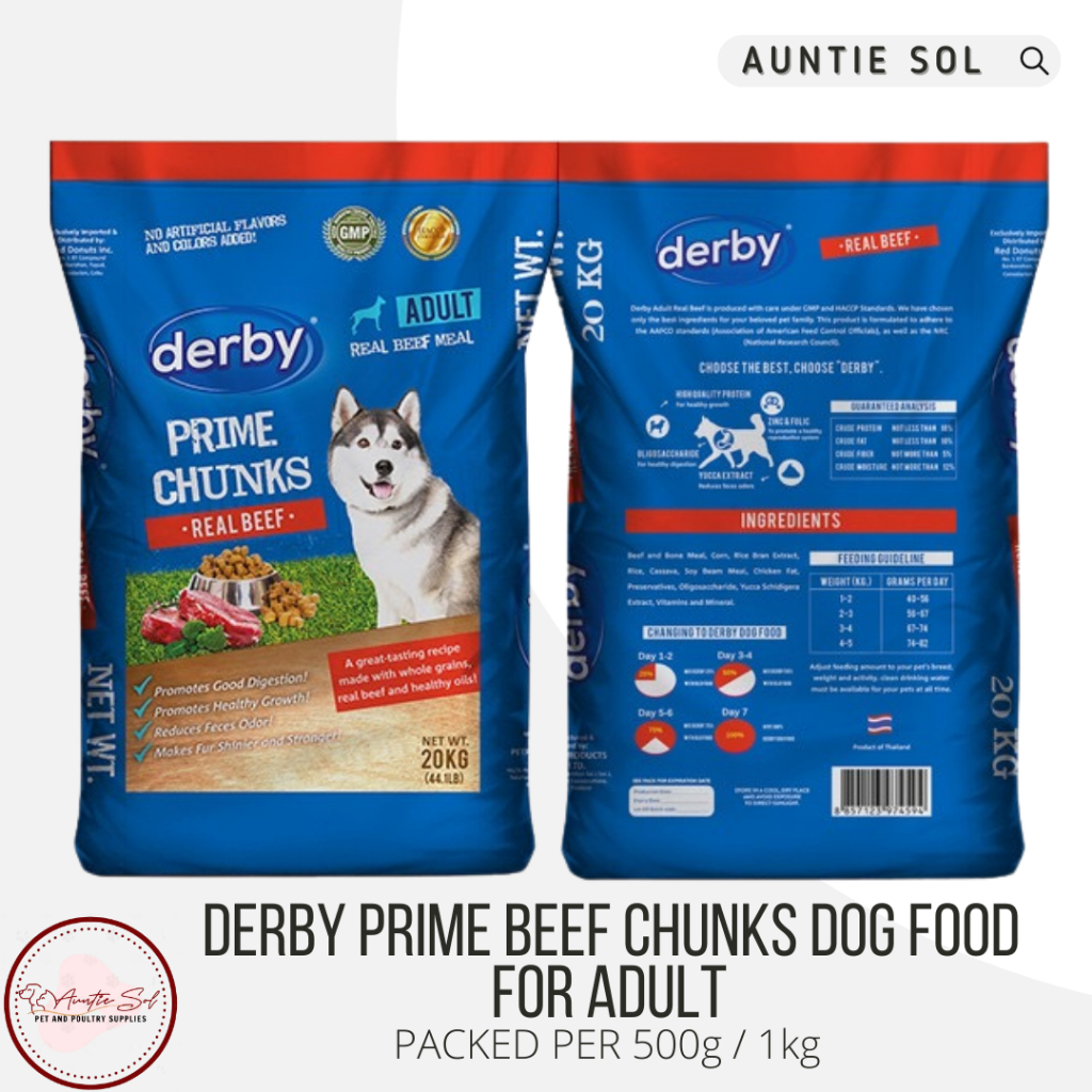 Derby Dog Food, Prime Chunks Real Beef repacked per 500g / 1kg Shopee