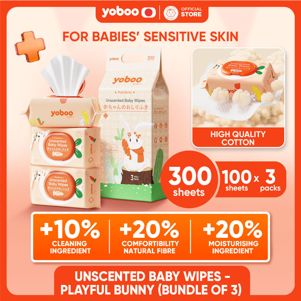 Yoboo Unscented Baby Wipes Family Pack bundle of 300 Sheets Hygienic