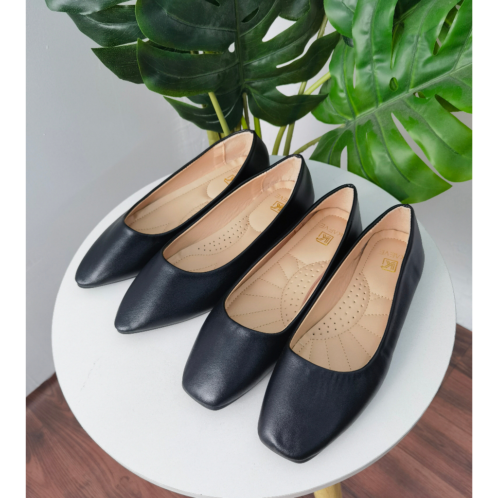 「KAEVE」plain flat black shoes for women leather school shoes Shopee