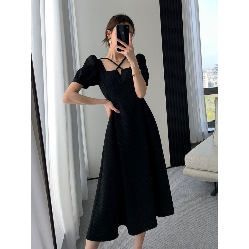 korean sexy long plain black dress with slit cocktail dress formal ...