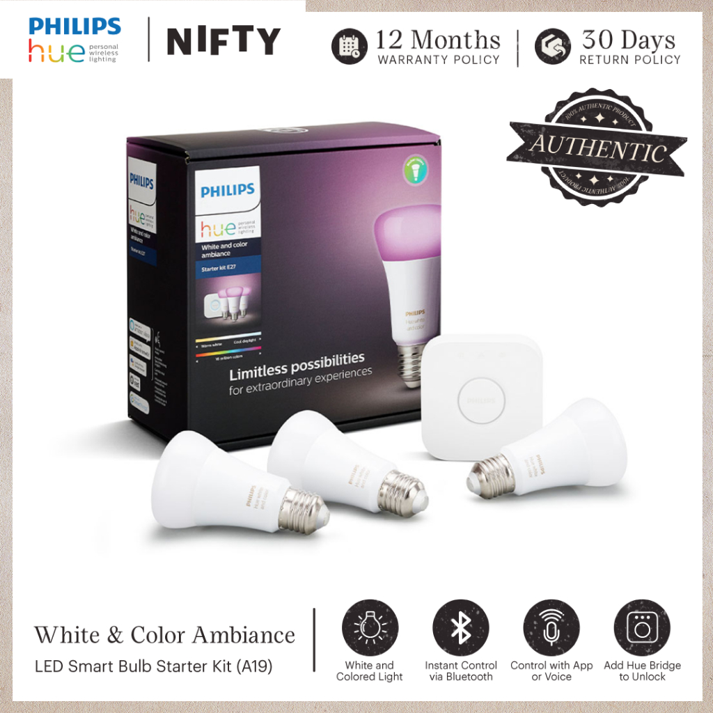 Philips Hue White And Color Ambiance A19 Equivalent Led Smart Bulb Starter Kit 60w Shopee 