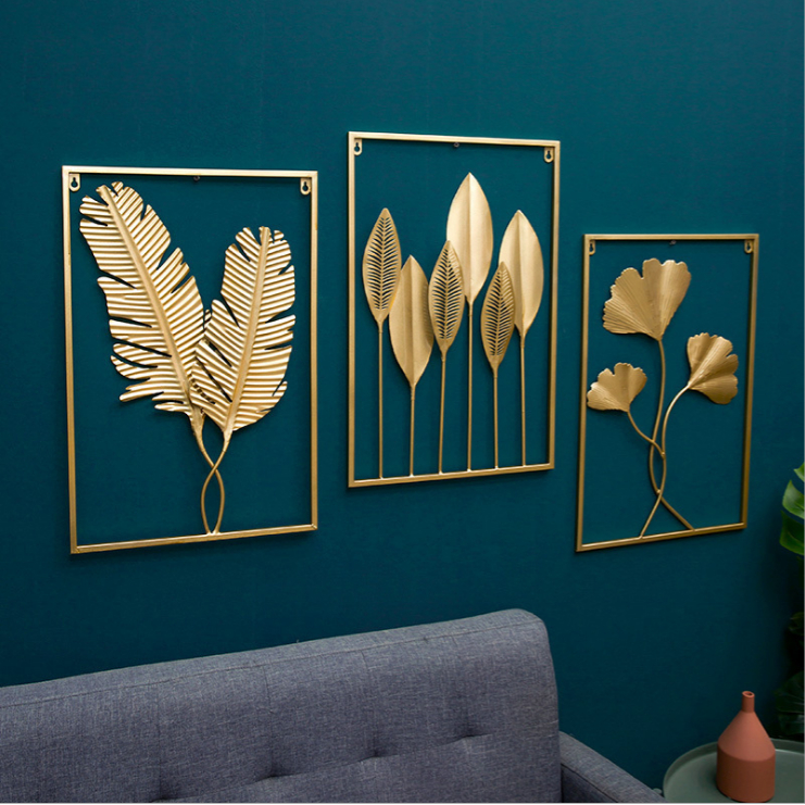 Metal Wall Decor with Square Frame, Leaf Art Gold Framed Leaves Artwork ...