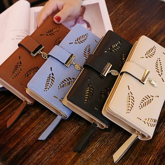 21105 Korean Women's Wallets Long Fashion Clutch Hollow Leaf Zipper