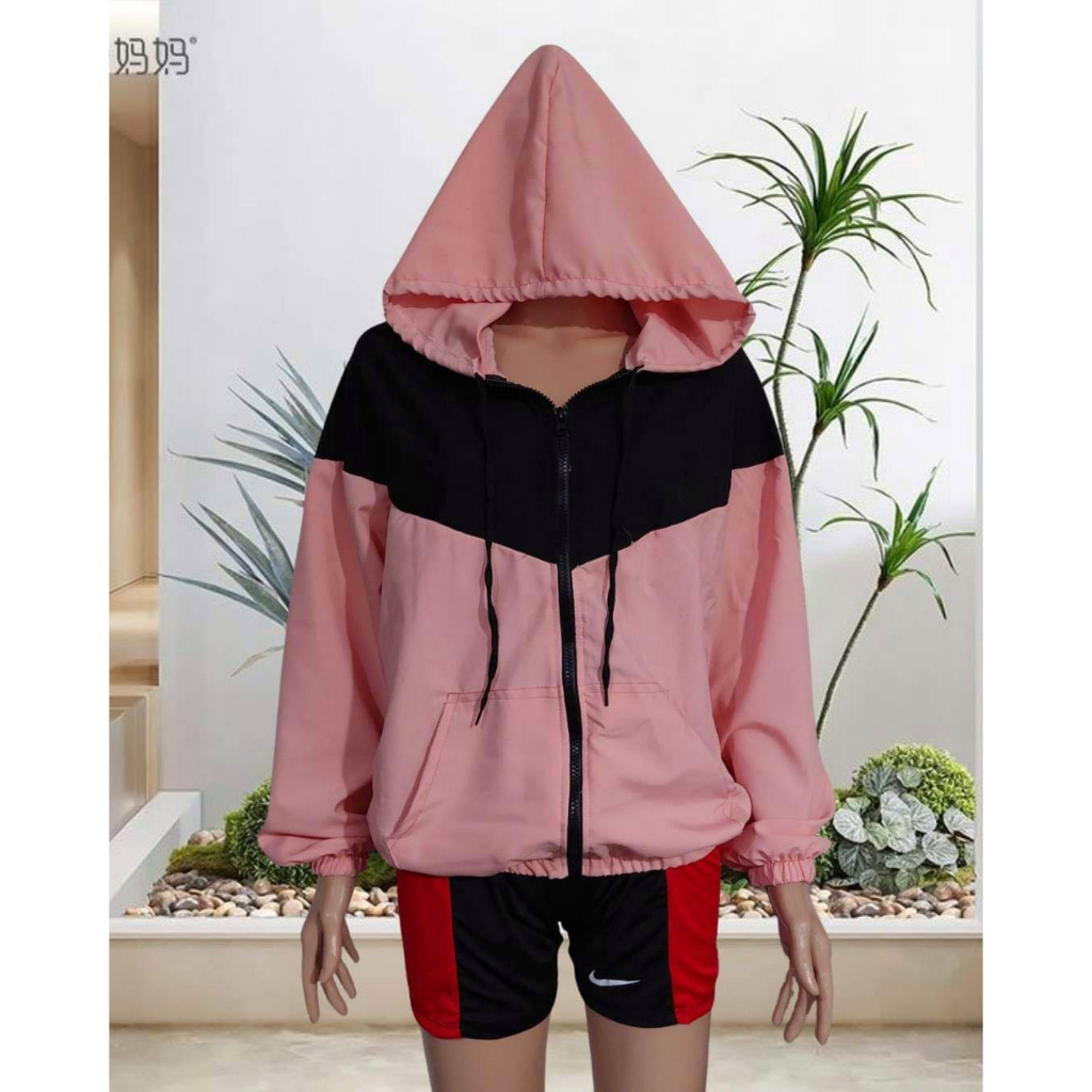 TWO TONED TASLAN Hooded Windbreaker Jacket Drifit with Zipper Drawstring Outdoor Jogging Jacket