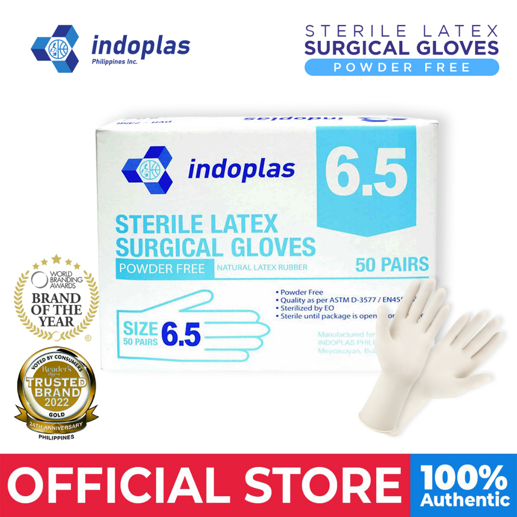 Indoplas Sterile Latex Surgical Gloves Powder Free 6.5 (50 Pairs) 1