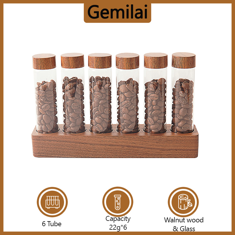 Coffee Bean Display Rack with 6 Sealed Tube Bottle Walnut Wood Sealed ...