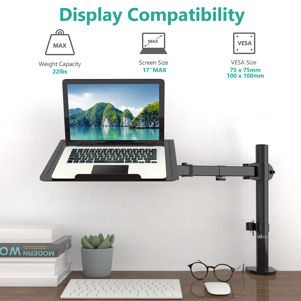 Single Laptop Notebook Stand Desk Mount with Tray up to 17 inch Height Adjustable Arm with C