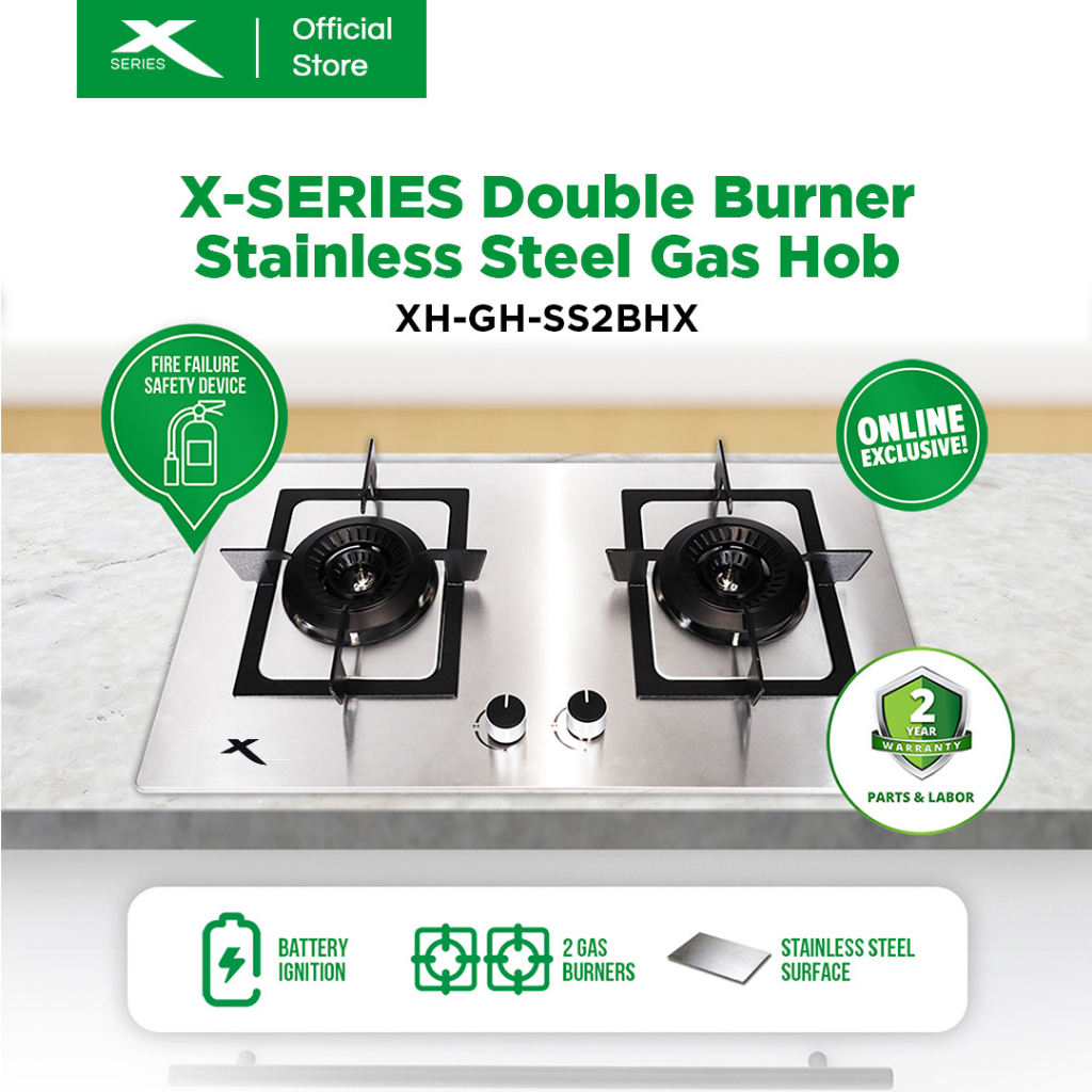 XSERIES Double Burner Stainless Steel Gas Hob w/ Cast Iron Battery