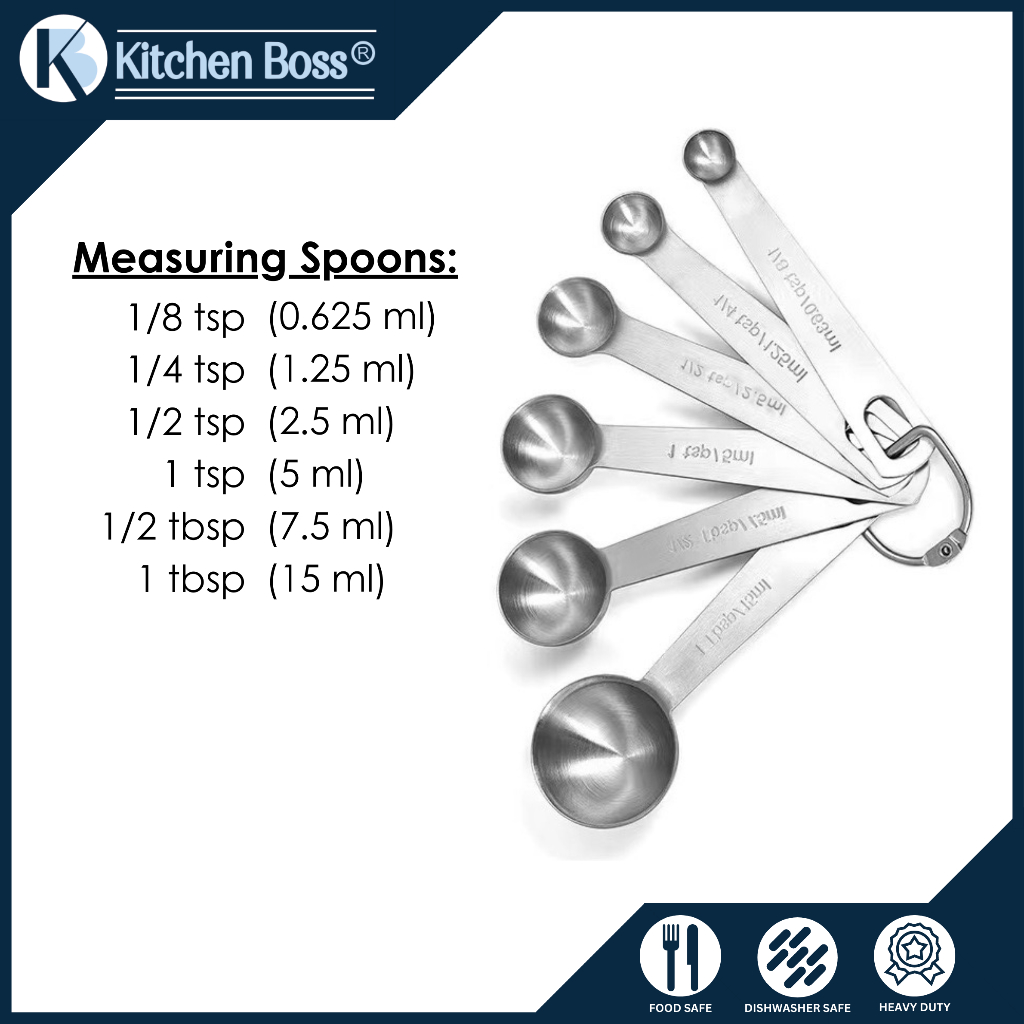 Kitchen Boss 6pc Set Heavy Duty Stainless Steel Measuring Spoon Set, Nesting Kitchen Cooking Baking