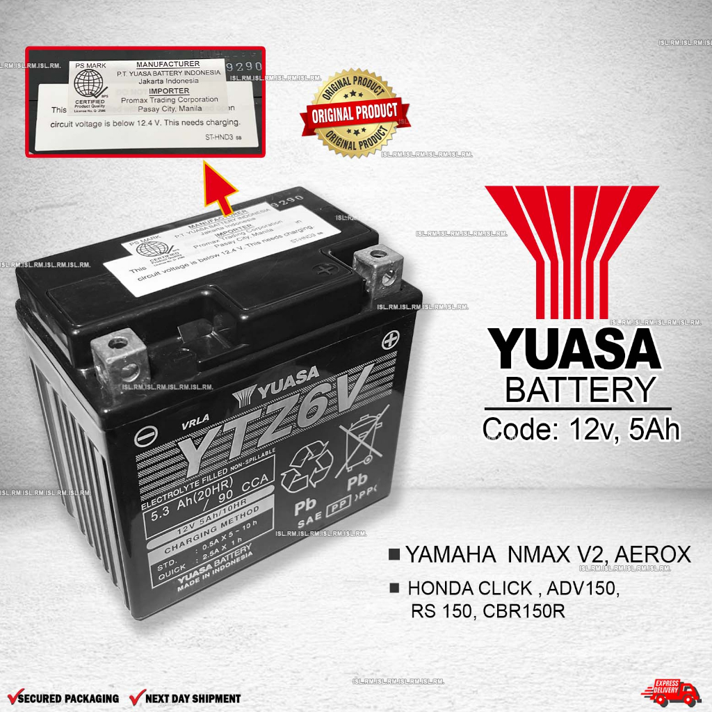 Original Yuasa Battery YTZ6V 12V 5AH AEROX NMAX V2 HONDA CLICK ADV150