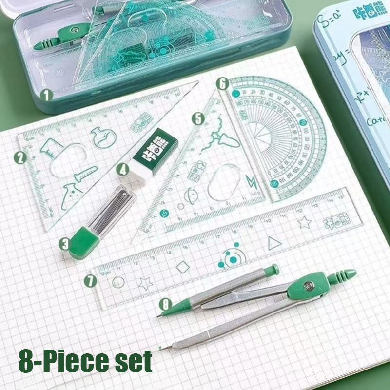 8Pcs Math Set Compasses Ruler Triangle Square Ruler Students Stationery ...