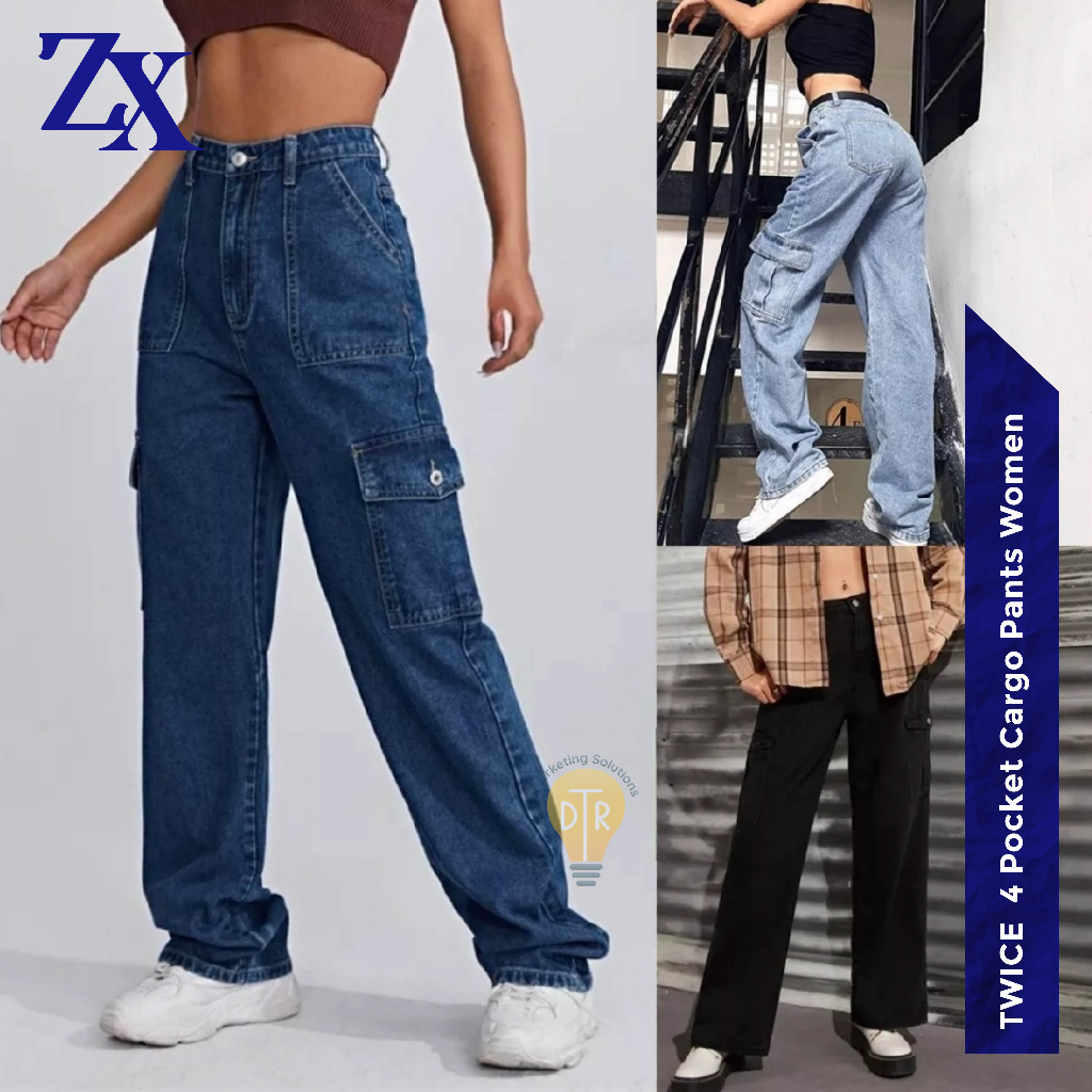 ZHI XIN 6 Pocket Cargo Pants Jeans Casual Baggy Wide Leg Pants for ...