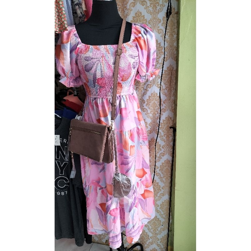 Aesthetic Smocking Maxi Dress With Puff Sleeves Shopee Philippines