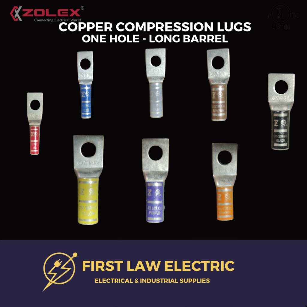 Copper Compression Terminal Lugs LONG Barrel, 1-Hole , CRIMPING TYPE ...