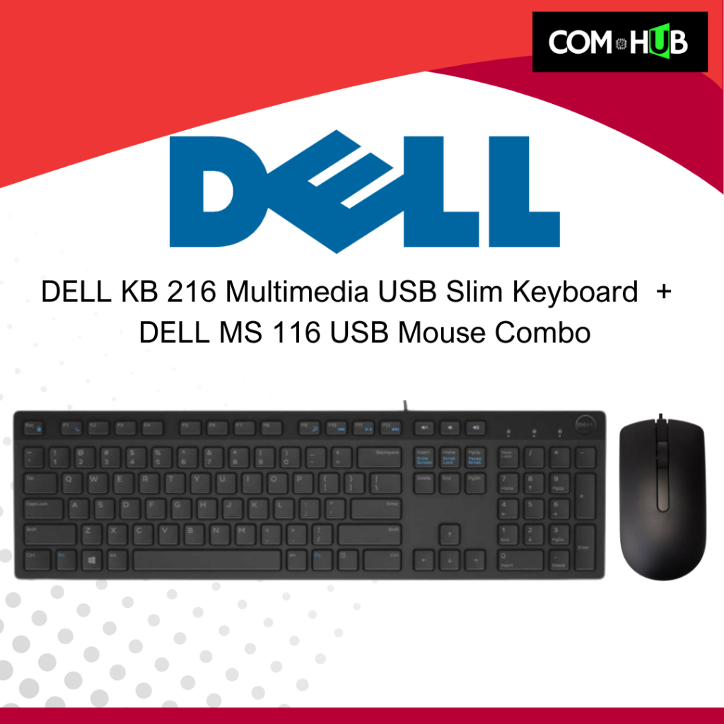 Com Hub PC Used Dell KB216 USB Multimedia Slim Wired Keyboard and