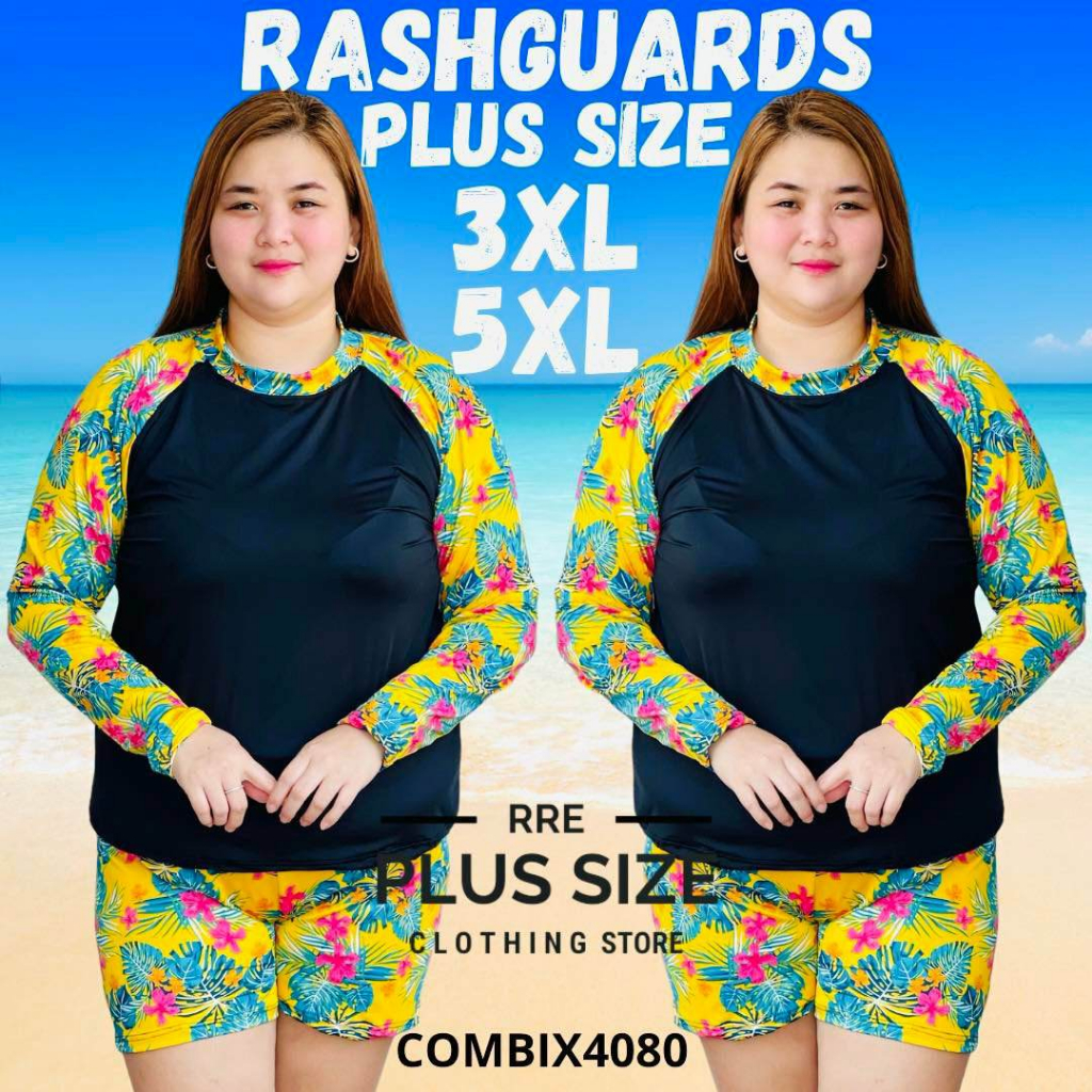 Women's Plus Size Rashguard Terno short Long Sleeve swimwear attire  stretchable beach outfit 3XL-5XL