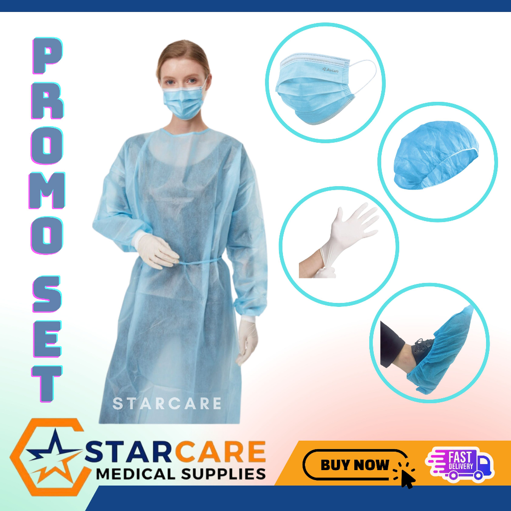 PPE Isolation Gown Non-Woven PROMO SET With Surgical Facemask, Gloves ...