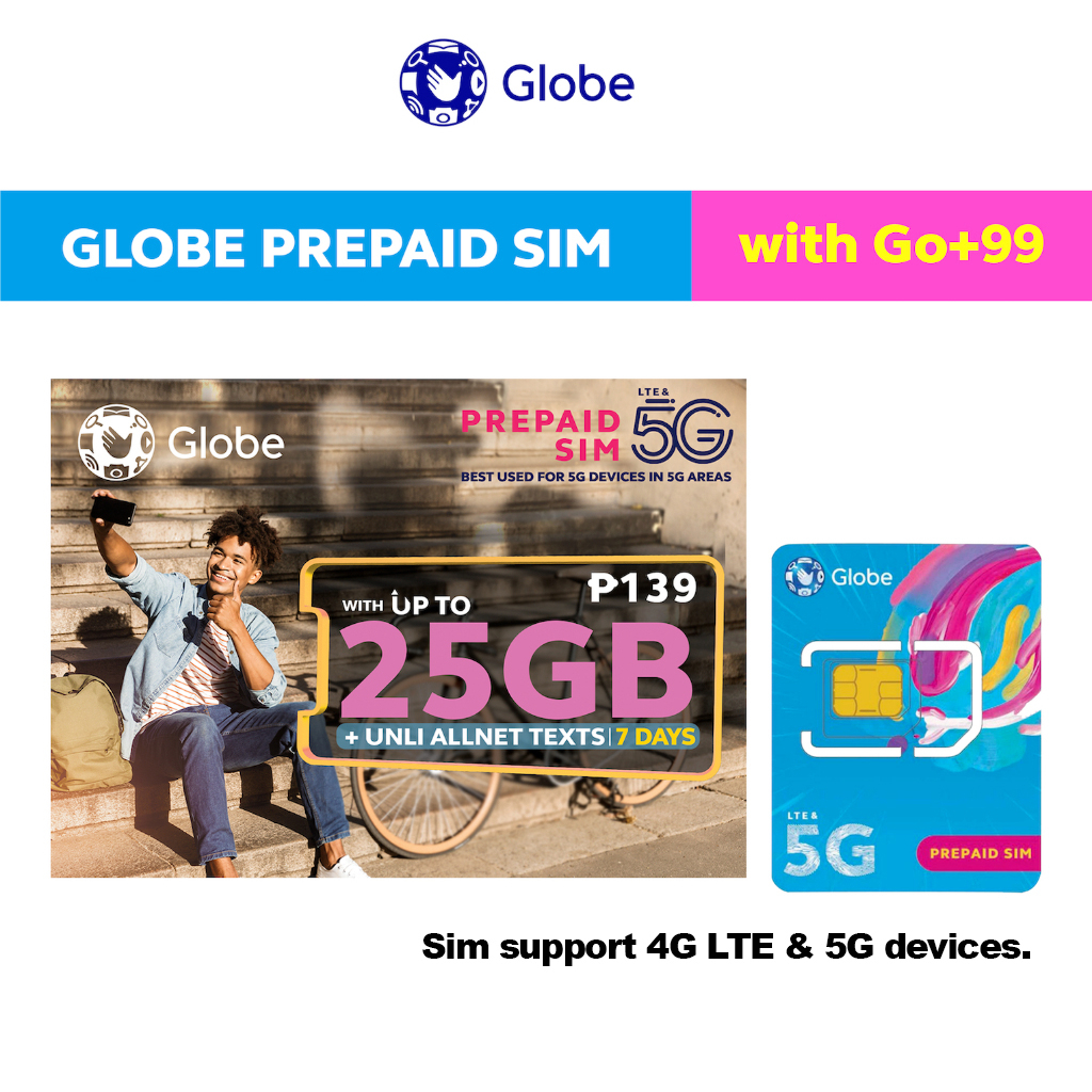 Globe Prepaid 5G SIM loaded with Go+25GB DATA plus UNLI ALLNEXT TEXTS ...