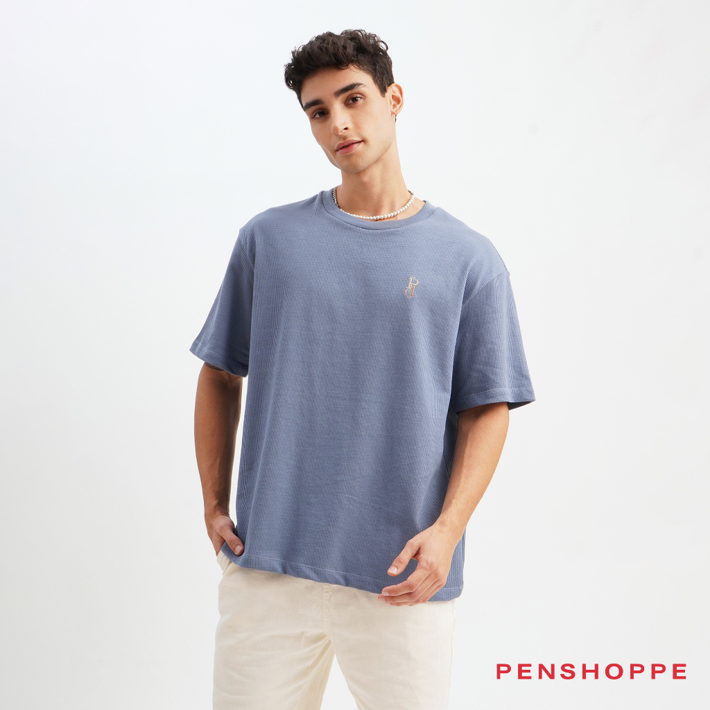 Penshoppe Relaxed Fit Waffle T Shirt With Embroidery For Men Blue