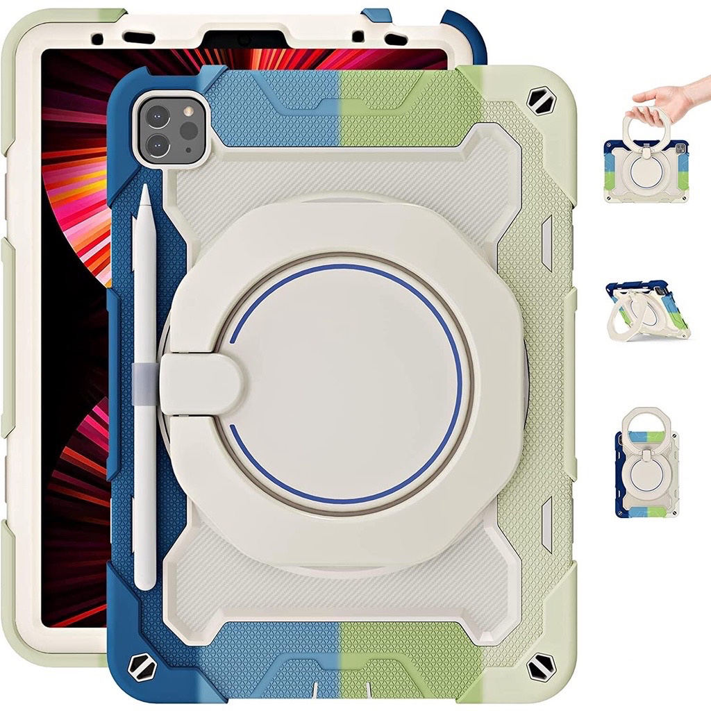 ROISKIN Kinderhoes voor iPad 9, 8, 7e generatie 10,2 inch, heavy duty, stootvaste iPad-hoes 9e generatie met penhouder en schermbescherming en draaibare standaard en schouderriem, marineblauw