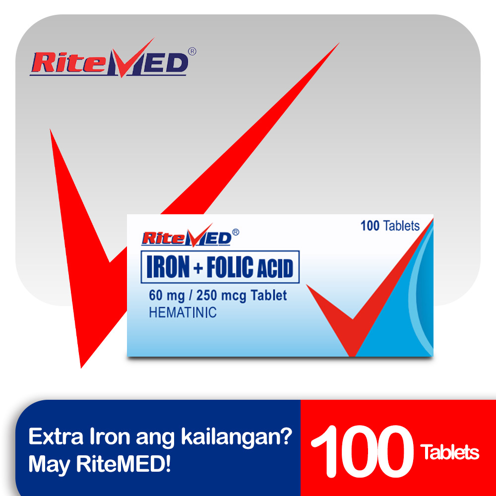 RiteMED Iron+Folic 60mg/250 mcg 100 Tablets (Prevent Low Blood