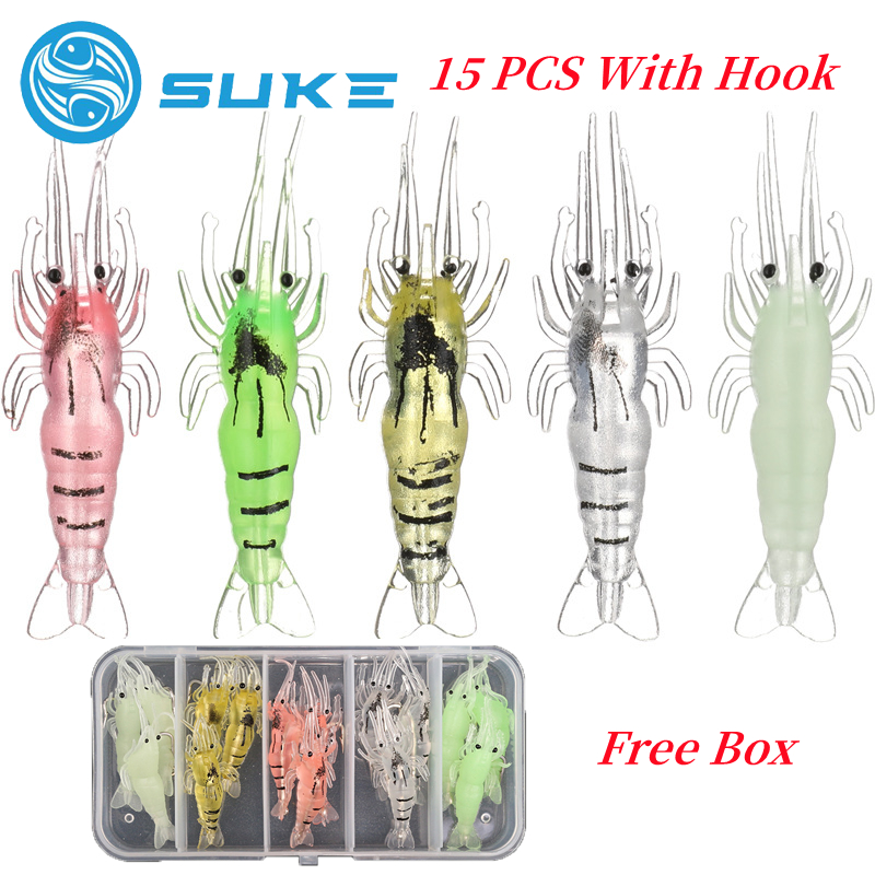 SUKE 15pcs Soft Fishing Luminous Shrimp Lure With Hook Shrimp Bait  Artificial Bait Fishing Lure