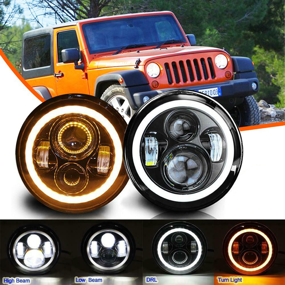 7Inch LED Headlights DRL Hi/Lo Beam 60W Halo Ring Amber Angel Eye For ...