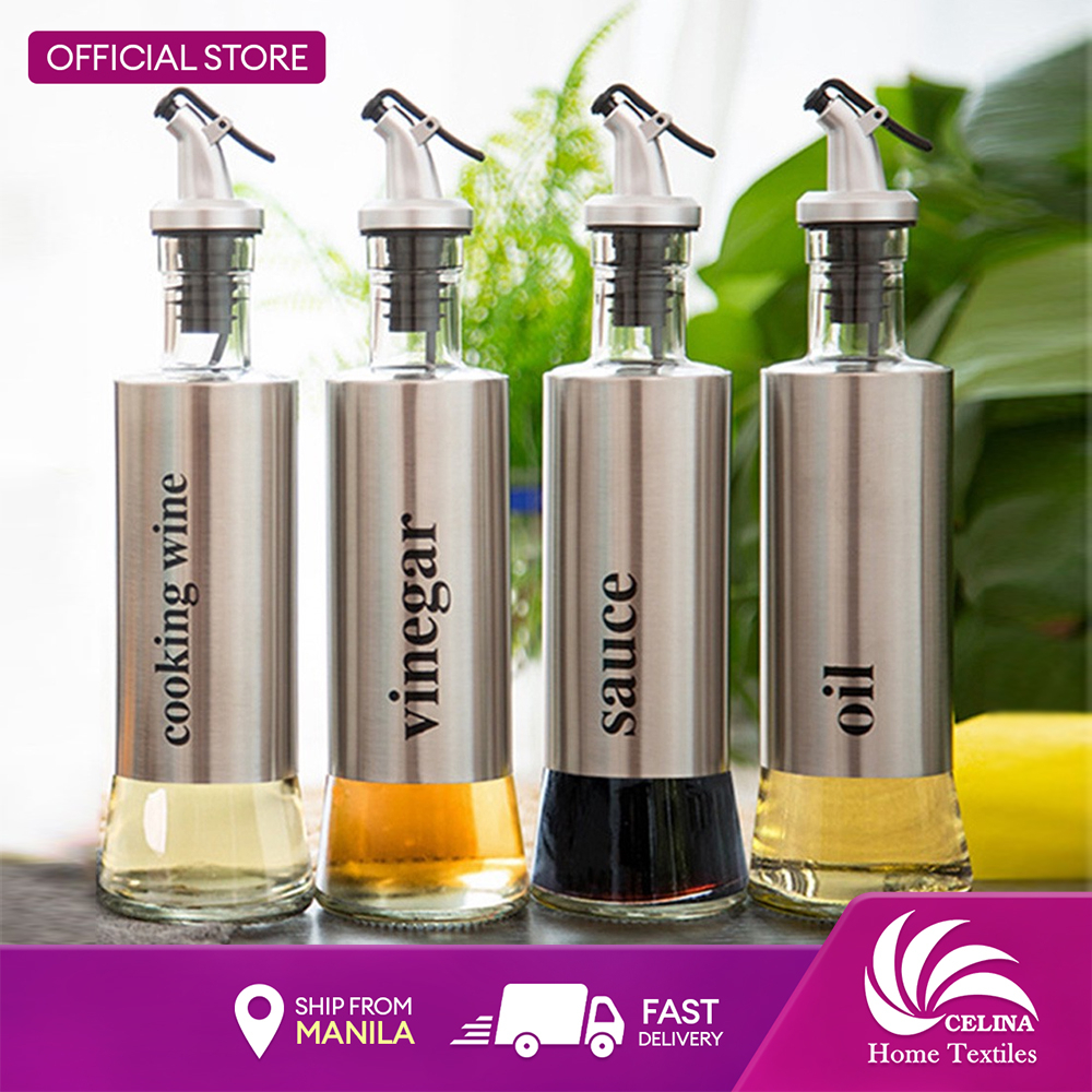 Celina 1pc 300ml Kitchen Oil Bottle Glass Stainless Steel Dispenser