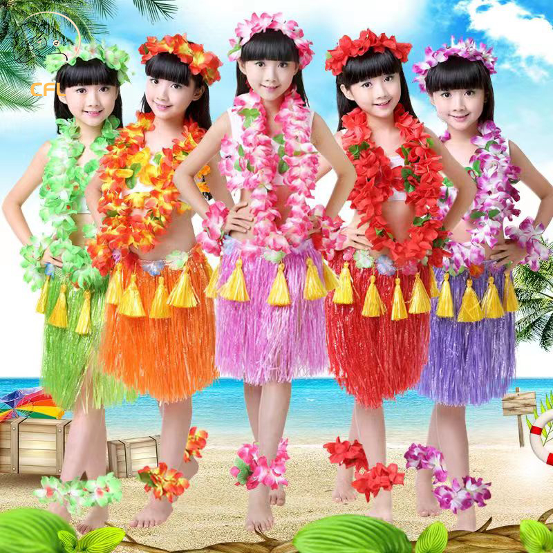 8pcs Children Hawaii Hula Dress Grass Skirts Kids Hawaiian Costumes Wreath Hawaiian Party Decoration Shopee Philippines