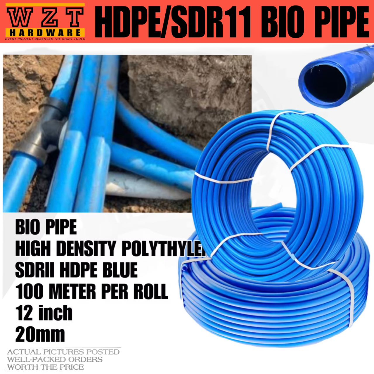 WZT BLUE FLEXIBLE BIO HDPE SDR11 TUBE PIPE HOSE 1 ROLL 100M FOR
