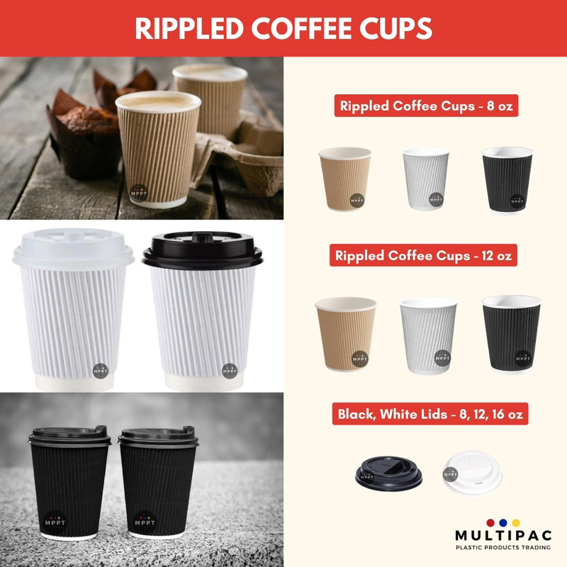 [50 PCS] - Rippled Coffee Paper Cups in Kraft, Black, White and Black ...