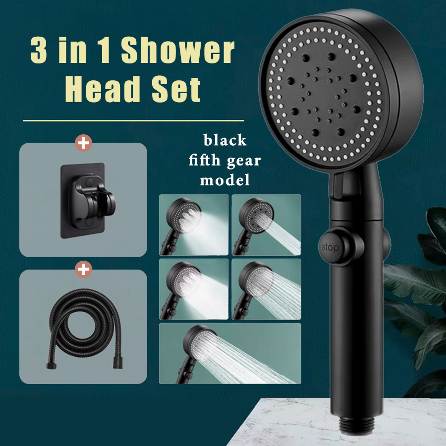 3in1 Shower Head With Hose Holder Set 5 modes Black Universal High