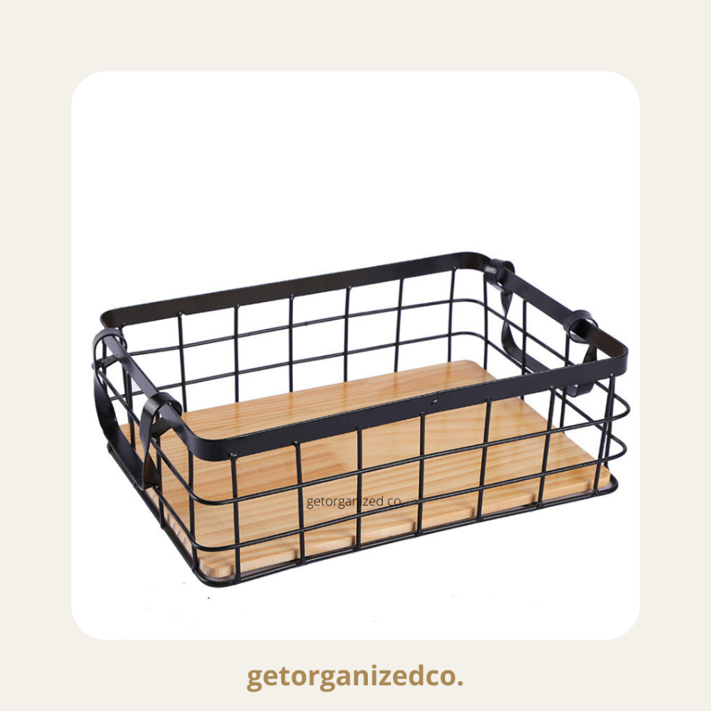 Metal Storage Basket with Wooden Base and Handle Get Organized Co