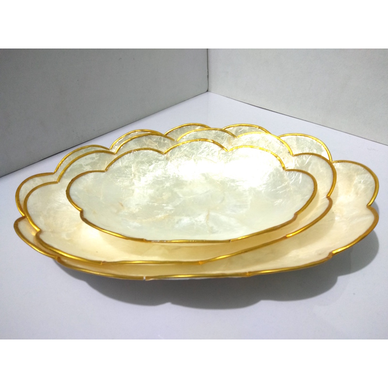 Capiz Plates with Gold Edging Set of 3, Oblong Shape Capiz Tray Set