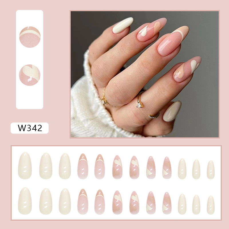 Almond shaped fake nails with glue French striped fake nail water ...