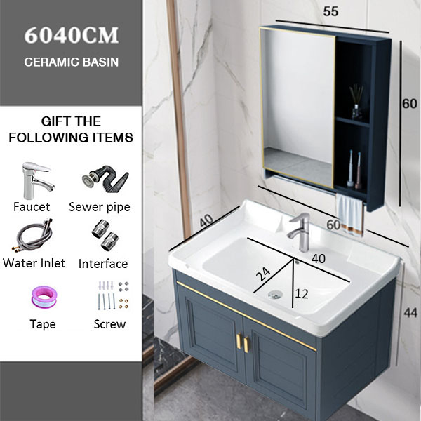 Aluminium 60cm Wall Hung Bathroom Ceramic Sink with Mirror Box