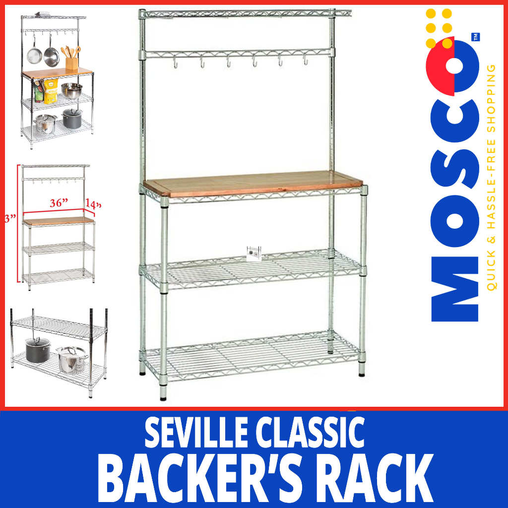 Seville Classics Baker's Rack for Kitchens, Solid Wood Top, 14