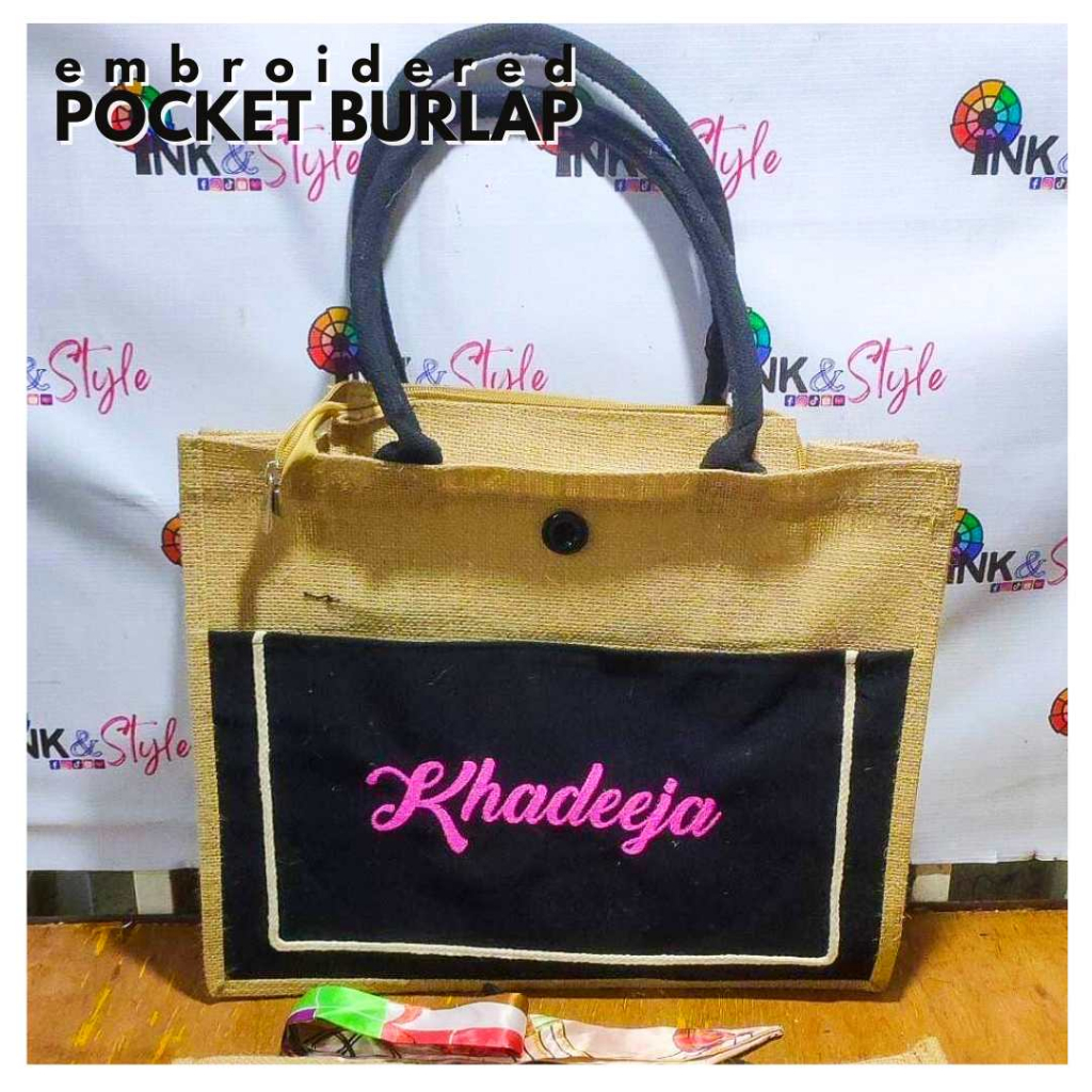 Embroidered Abaca Jute Burlap Pocket Tote Bag with Button and Zipper
