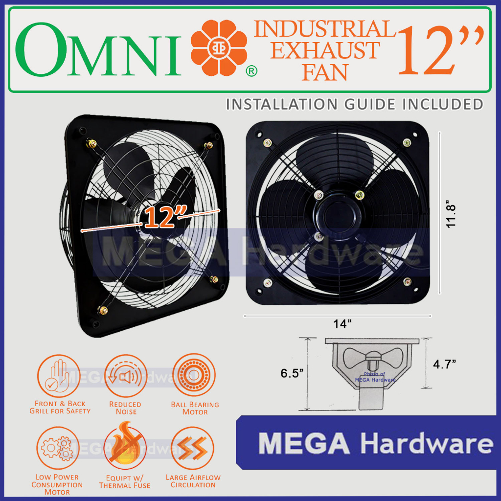 OMNI Industrial Exhaust Fan w/ Grill Wall Mounted (12 inch, 14 inch, 16 ...