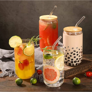 350/600ML Heat Resistant Square Glass with Lids and Straws Iced Coffee Milk  Bubble Tea Water Layer Drinking Glass Cups for Soda