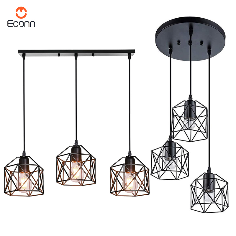 ECONN Iron Cage Pendant Lights Vintage Drop Light for Restaurant Living  Room 3Head Chandelier
