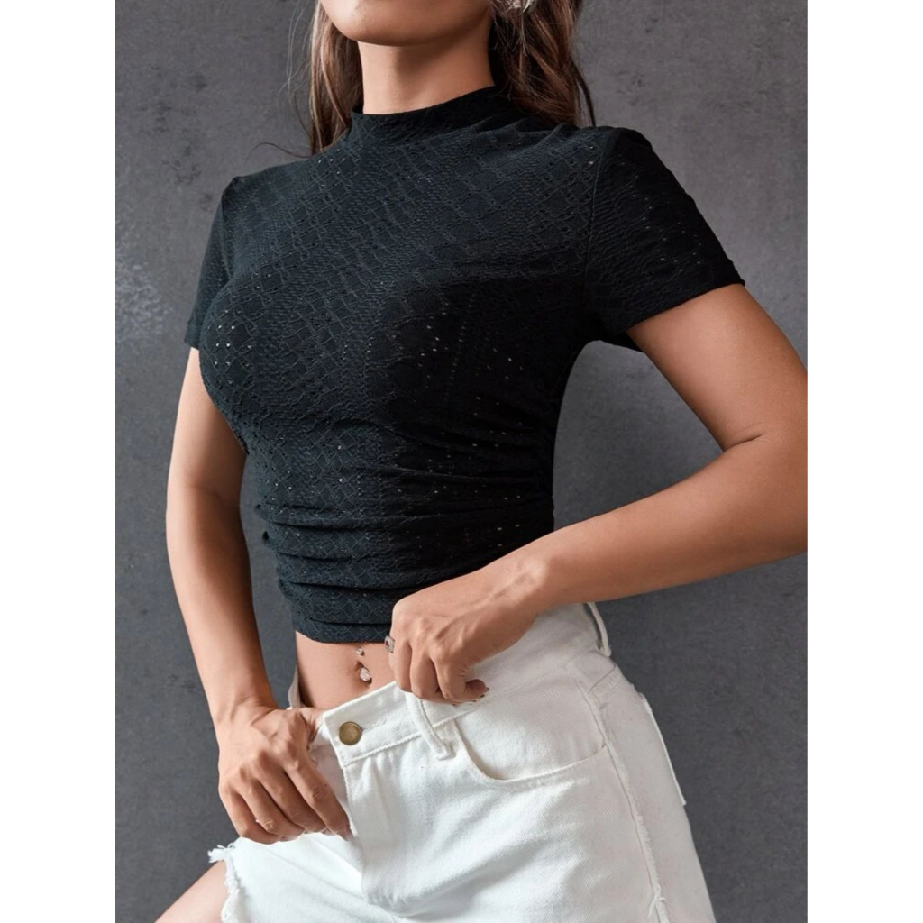 Angelcity Round Neck Solid Eyelet Embroidery Garter In Edge Crop Top ...