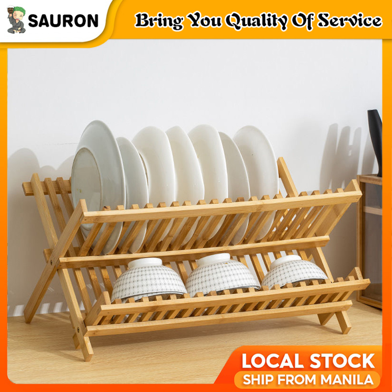 Folding Dish Drying Rack organizer Bamboo Kitchen Outdoor
