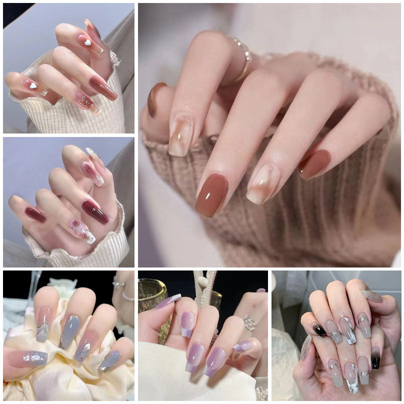 (NEW) 24pcs fake nails with sticker glue waterproof nails short fake